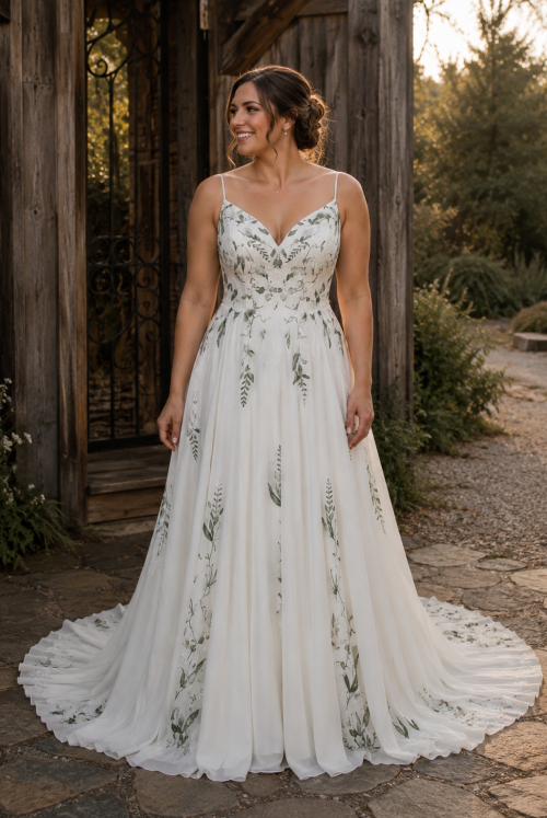 Botanical A-Line Wedding Dress with Green Floral Embroidery and Spaghetti Straps
