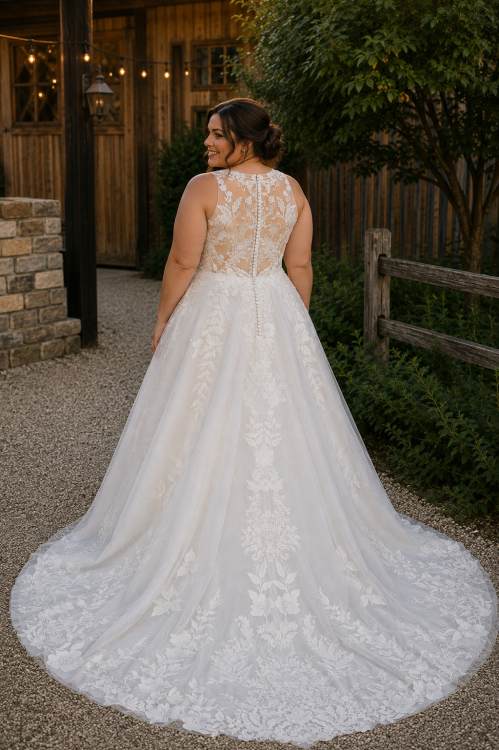 Plus Size Floral Lace A-Line Wedding Dress with Illusion High Neck