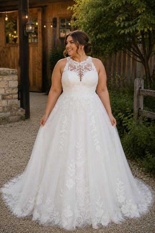 Plus Size Floral Lace A-Line Wedding Dress with Illusion High Neck