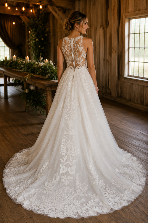 A-Line Wedding Dress with Illusion Lace High Neck and Floral Appliqué Train