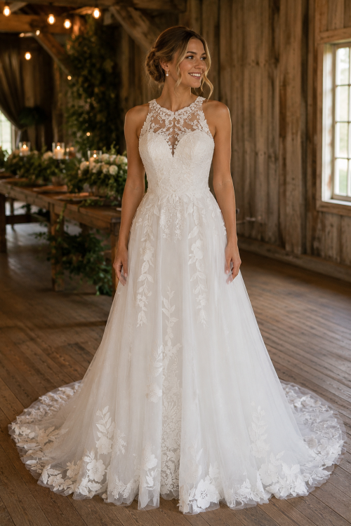 A-Line Wedding Dress with Illusion Lace High Neck and Floral Appliqué Train