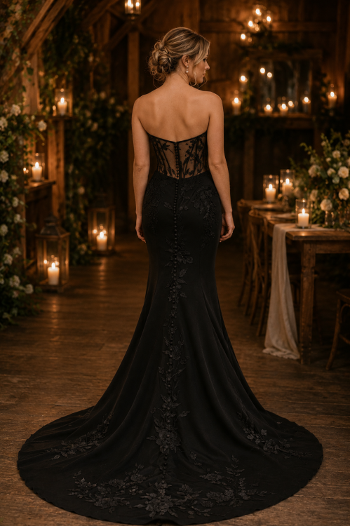 Black Strapless Fit-and-Flare Wedding Dress with Floral Lace Appliqués and Illusion Back
