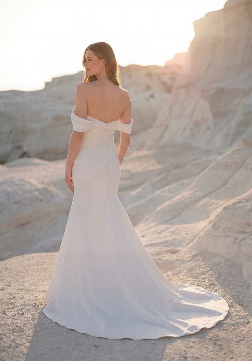 Elegant Off-the-Shoulder Fit and Flare Wedding Dress with Draped Sleeves