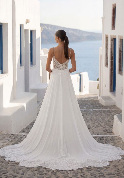 Flowing A-Line Wedding Dress with Lace Bodice & Spaghetti Straps