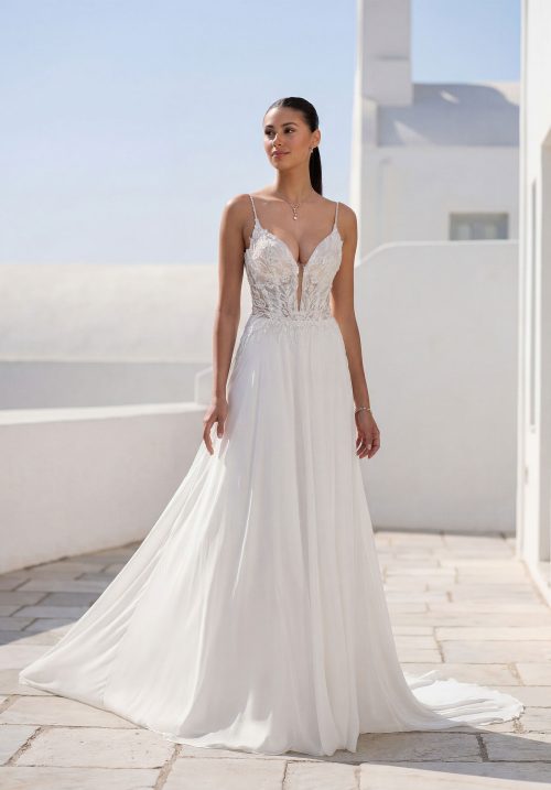 Flowing A-Line Wedding Dress with Lace Bodice & Spaghetti Straps