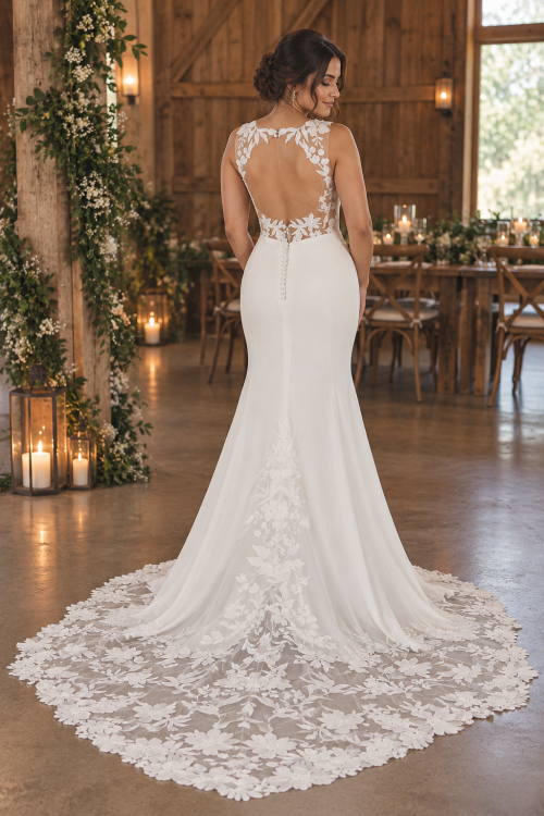 Ivory Fit-and-Flare Wedding Dress with Lace Train