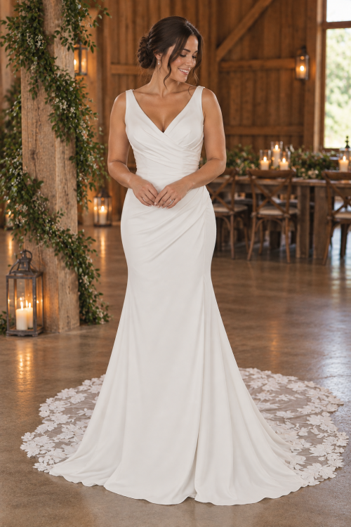 Ivory Fit-and-Flare Wedding Dress with Lace Train