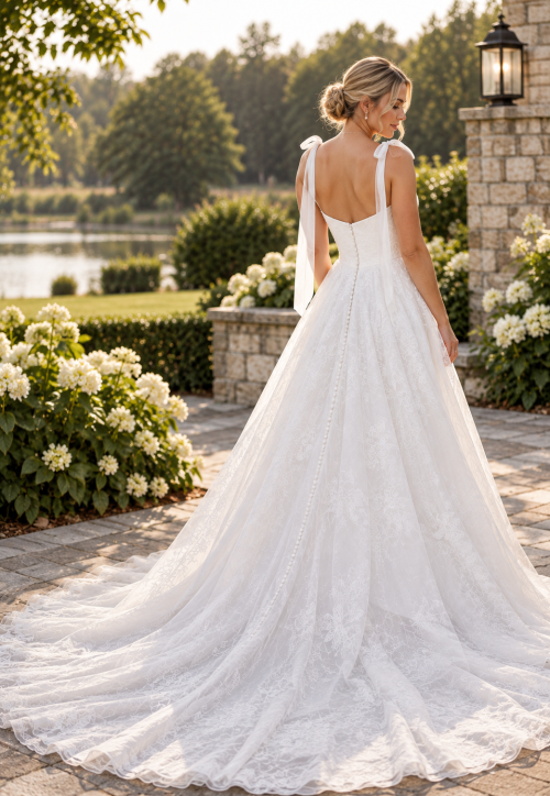Ivory Lace A-Line Wedding Dress with Bow Straps
