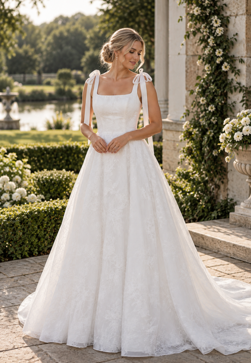 Ivory Lace A-Line Wedding Dress with Bow Straps