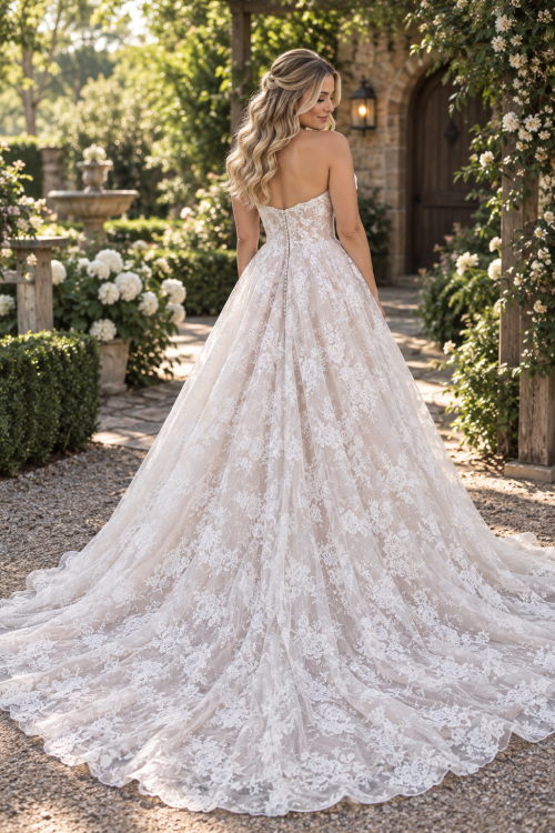 Ivory Lace Strapless Ballgown Wedding Dress