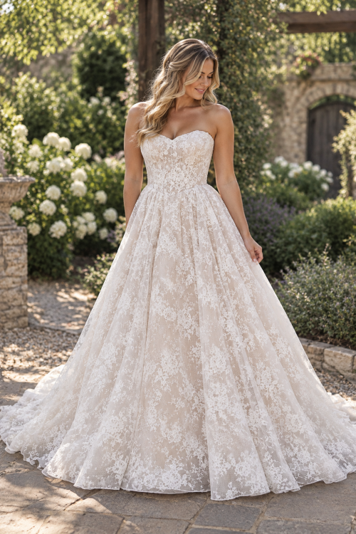 Ivory Lace Strapless Ballgown Wedding Dress