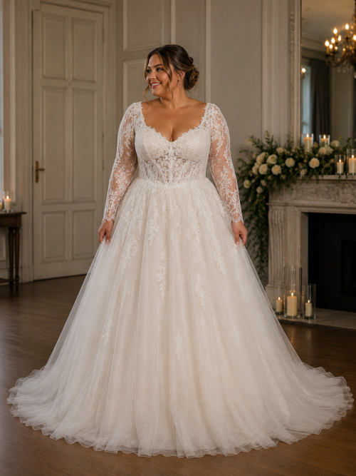 All Ivory Long Sleeve A-Line Wedding Dress with Floral Lace Bodice