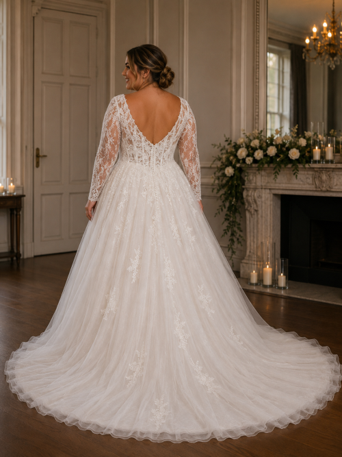 All Ivory Long Sleeve A-Line Wedding Dress with Floral Lace Bodice