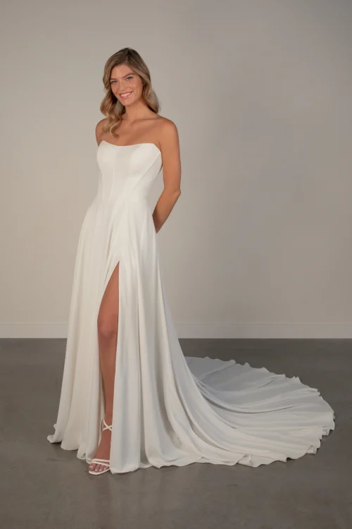 Minimalist Strapless A-Line Wedding Dress with Slit and Corset Back