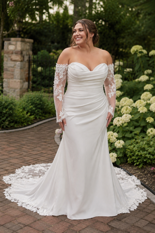 Off-the-Shoulder Crepe Wedding Dress with Floral Lace Sleeves and Cathedral Train