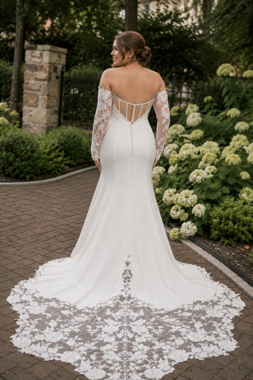 Off-the-Shoulder Crepe Wedding Dress with Floral Lace Sleeves and Cathedral Train