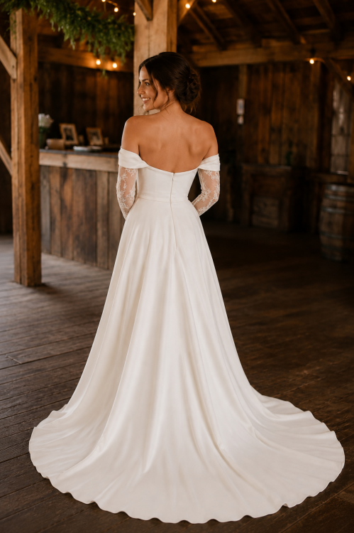 Off-the-Shoulder Satin A-Line Wedding Dress with Detachable Lace Sleeves