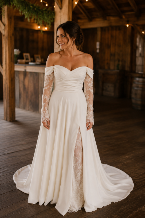 Off-the-Shoulder Satin A-Line Wedding Dress with Detachable Lace Sleeves