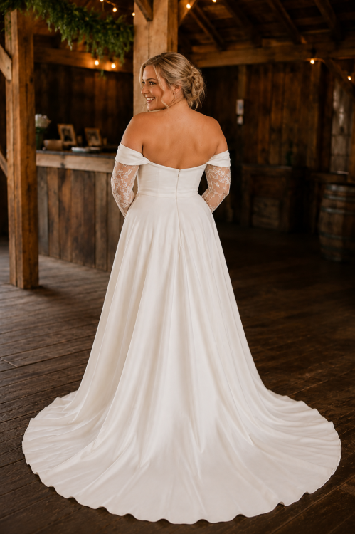 Off-the-Shoulder Satin A-Line Wedding Dress with Lace Detachable Sleeves & Leg Slit