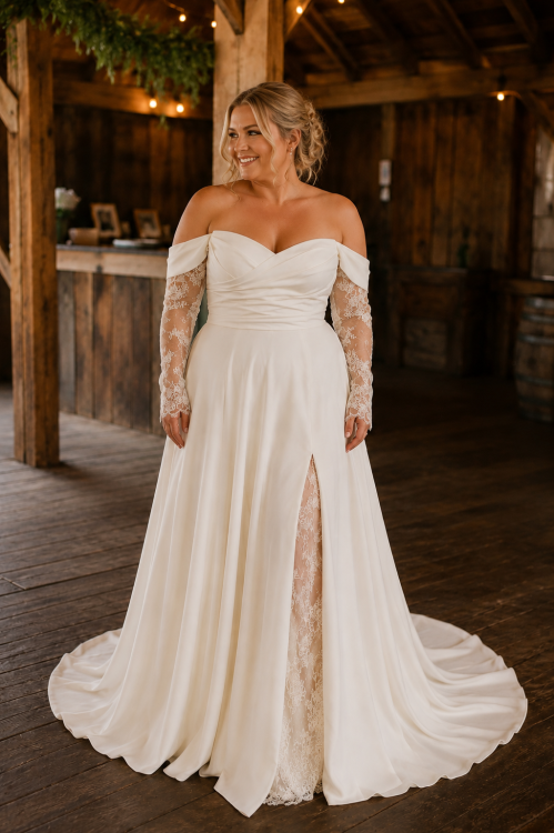 Off-the-Shoulder Satin A-Line Wedding Dress with Lace Detachable Sleeves & Leg Slit