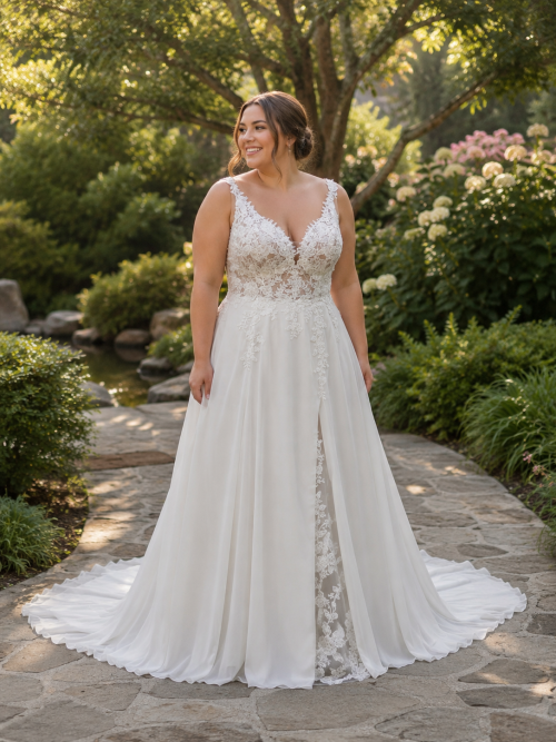 Plus Size A-Line Wedding Dress with Floral Lace Bodice and Chiffon