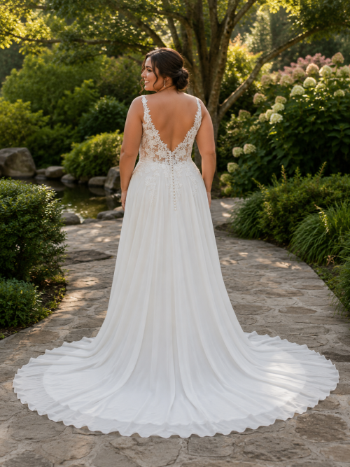 Plus Size A-Line Wedding Dress with Floral Lace Bodice and Chiffon