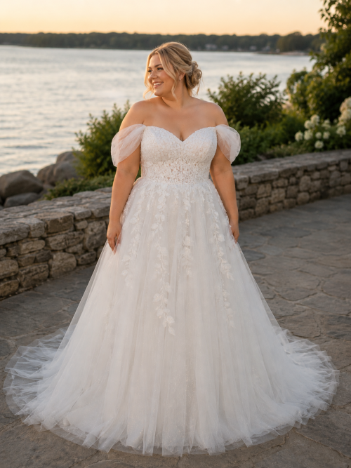 Plus Size Off-the-Shoulder A-Line Wedding Dress with Floral Lace Appliqués