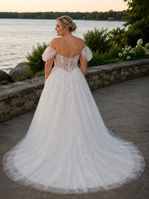 Plus Size Off-the-Shoulder A-Line Wedding Dress with Floral Lace Appliqués