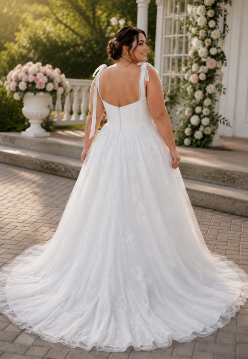 Plus Size Square Neck Floral Lace A-Line Wedding Dress with Bow Straps