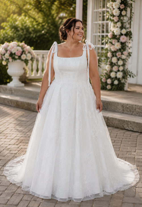 Plus Size Square Neck Floral Lace A-Line Wedding Dress with Bow Straps
