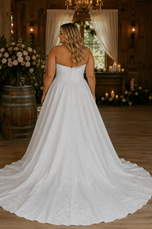 Plus Size Strapless A-Line Wedding Dress with Subtle Floral Detail