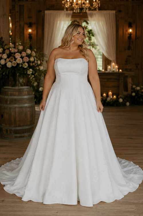 Plus Size Strapless A-Line Wedding Dress with Subtle Floral Detail