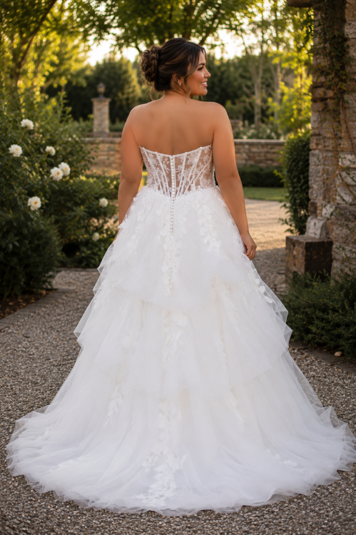 Plus Size Tiered Tulle Ball Gown Wedding Dress with 3D Floral Lace