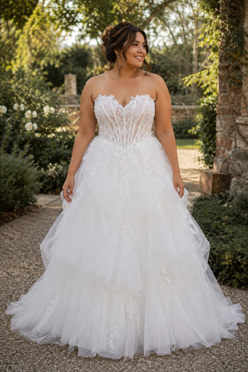 Plus Size Tiered Tulle Ball Gown Wedding Dress with 3D Floral Lace