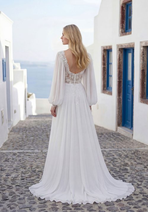 Romantic Chiffon A-Line Wedding Dress with Lace Bodice & Bishop Sleeves
