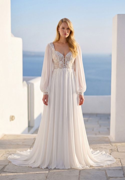 Romantic Chiffon A-Line Wedding Dress with Lace Bodice & Bishop Sleeves
