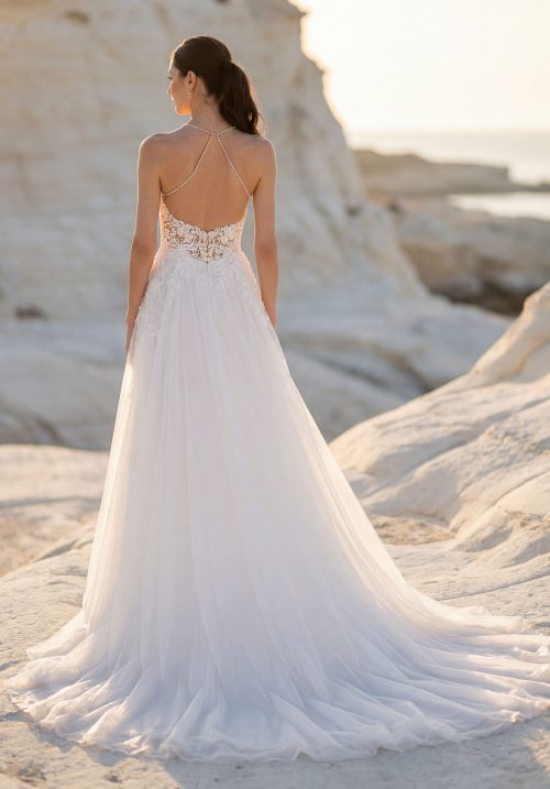 Romantic Floral Lace A-Line Wedding Dress with Beaded Spaghetti Straps