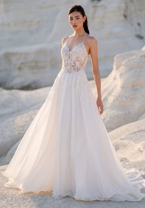 Romantic Floral Lace A-Line Wedding Dress with Beaded Spaghetti Straps