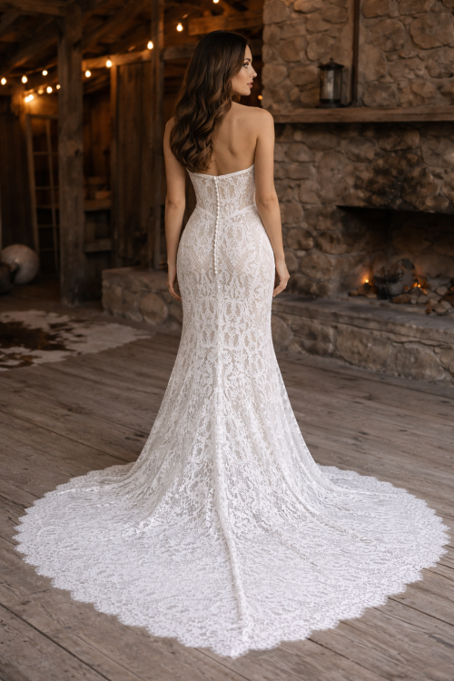 Strapless Allover Lace Fit-and-Flare Wedding Dress with Cathedral Train