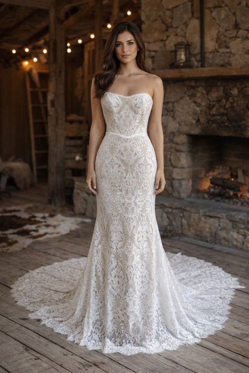 Strapless Allover Lace Fit-and-Flare Wedding Dress with Cathedral Train