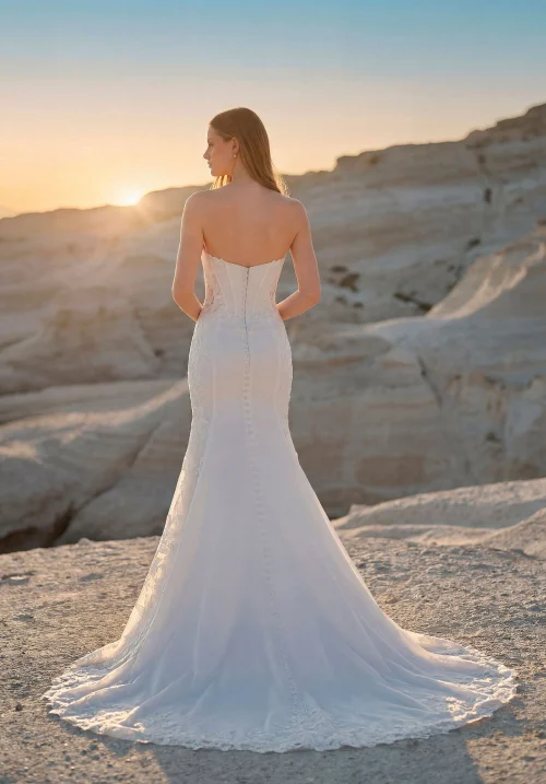 Strapless Fit-and-Flare Wedding Dress with Floral Lace
