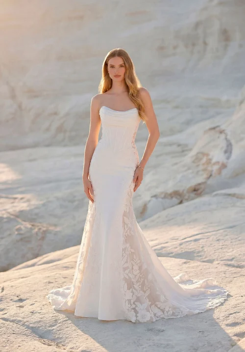 Strapless Fit-and-Flare Wedding Dress with Floral Lace