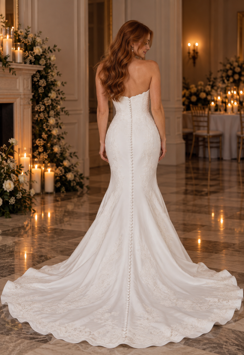 Strapless Fit-and-Flare Wedding Dress with Lace Appliqué