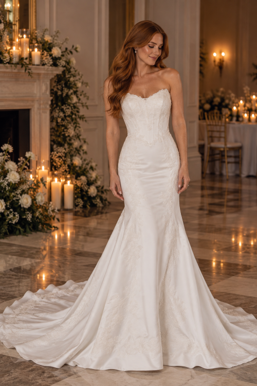 Strapless Fit-and-Flare Wedding Dress with Lace Appliqué