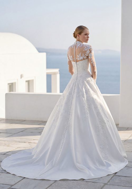 Strapless Satin A-Line Wedding Dress with Detachable Floral Lace High Neck Jacket