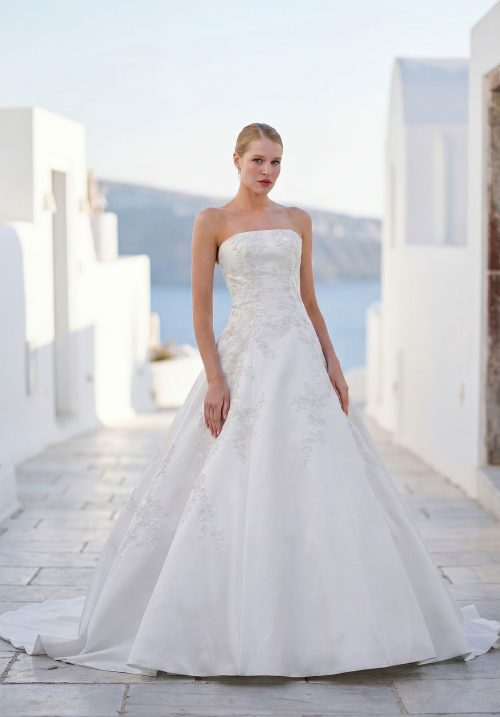 Strapless Satin A-Line Wedding Dress with Detachable Floral Lace High Neck Jacket