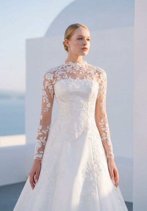 Strapless Satin A-Line Wedding Dress with Detachable Floral Lace High Neck Jacket