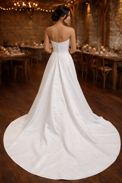 Strapless Satin A-Line Wedding Dress with Floral Lace Appliqués and Chapel Train