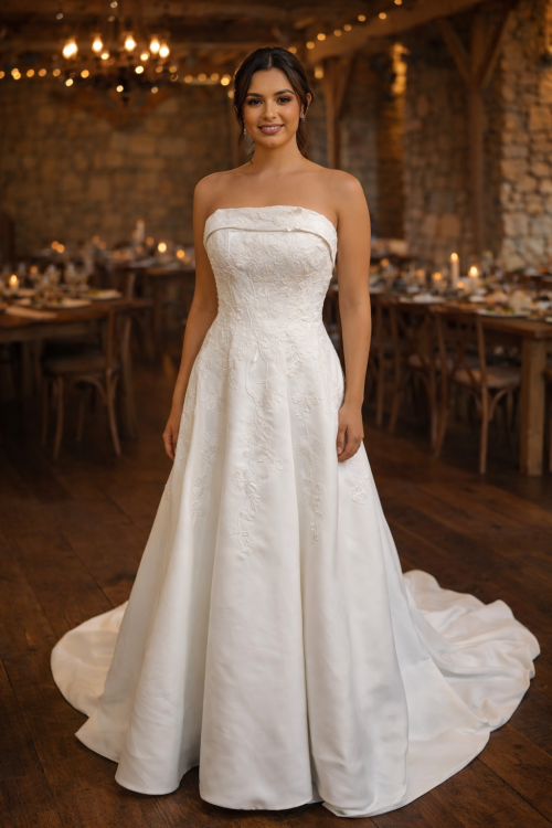Strapless Satin A-Line Wedding Dress with Floral Lace Appliqués and Chapel Train