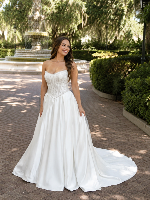 Strapless Satin Ball Gown Wedding Dress with Corset Bodice and Lace-Up Back